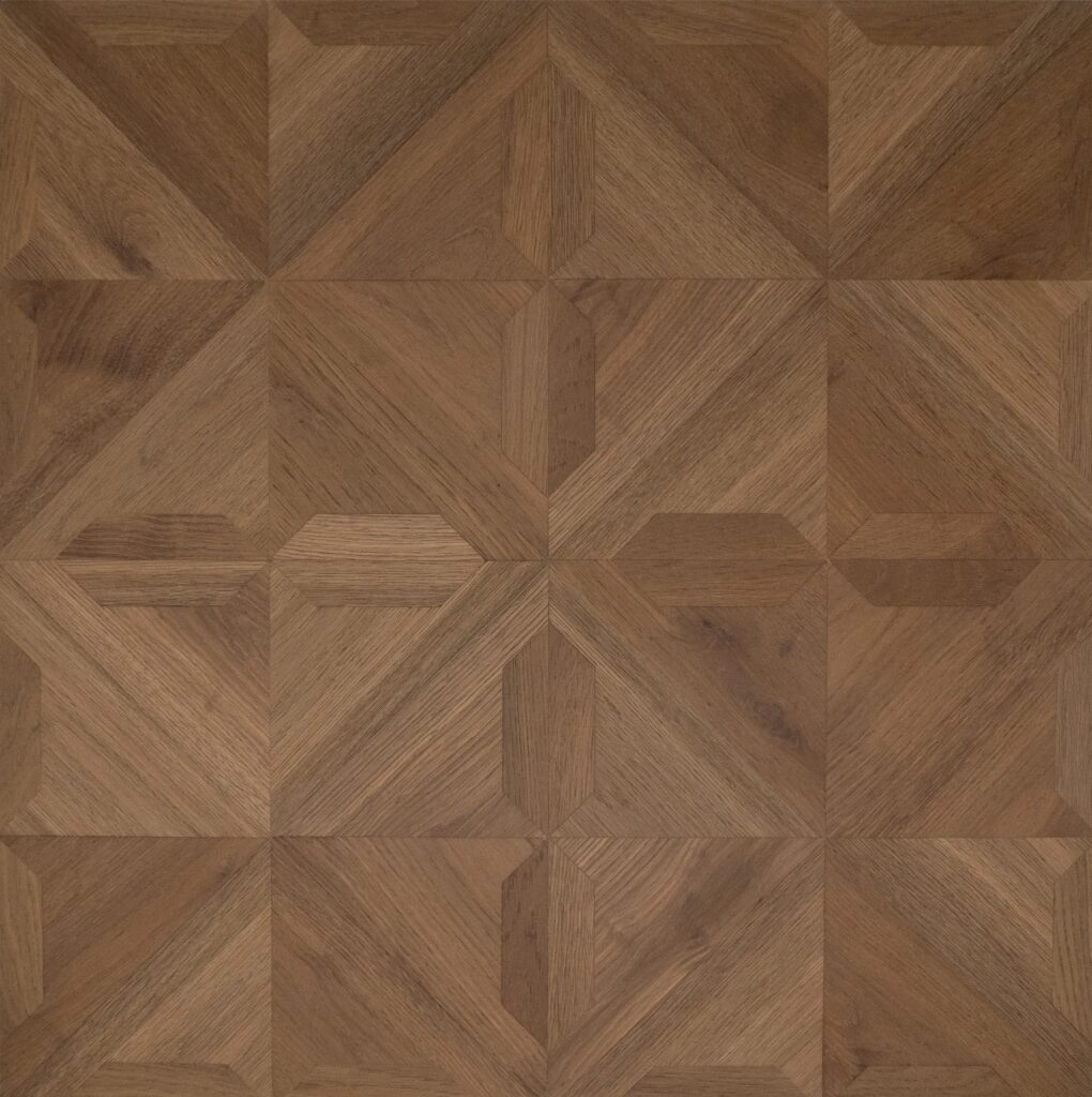 Parquet wood flooring tile with a geometric diamond pattern in warm medium brown tones.