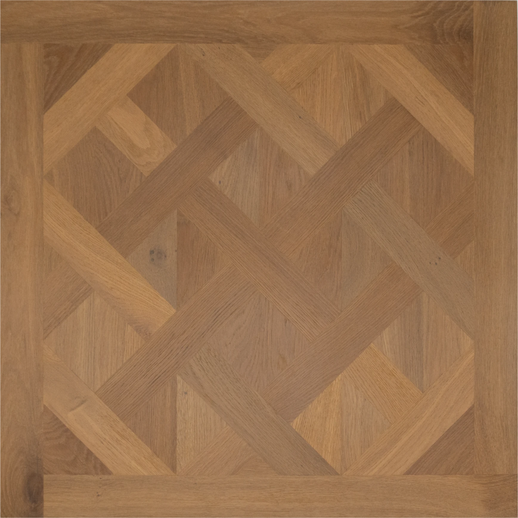 A square wooden parquet floor sample featuring a geometric diamond and cross-hatch pattern in warm medium brown and tan wood tones.