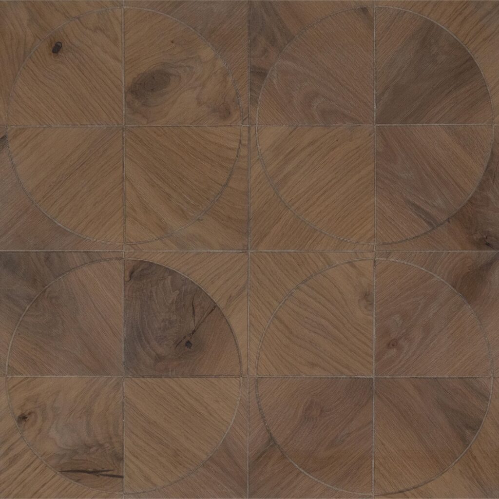 Medium brown wood-look floor tiles arranged in a geometric pattern of squares and circles.